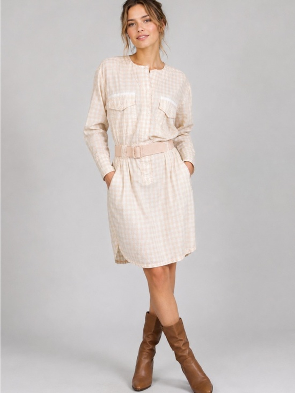 Vintage 80s Bugle Boy Belted Shirt Dress Beige Plaid Safari Utility Midi Dress W